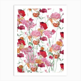Poppies and Rose Print Pink and Red Art Print