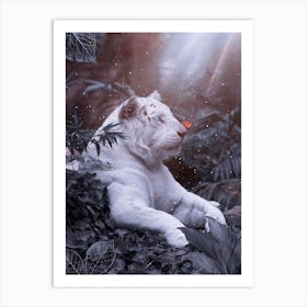 White Lion And Orange Butterfly Wild Life Art Print