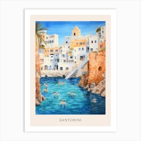 Swimming In Santorini Greece 3 Watercolour Poster Art Print