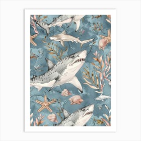 Pastel Blue Tiger Shark Watercolour Seascape Pattern 3 Art Print