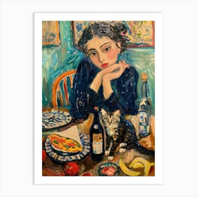 Portrait Of A Girl With Cats Eating A Burrito 2 Art Print