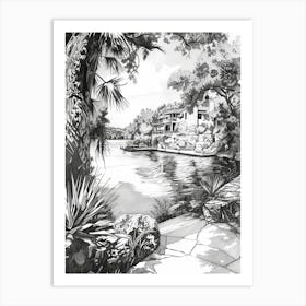 The Oasis On Lake Travis Austin Texas Black And White Drawing 2 Art Print