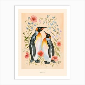 Folksy Floral Animal Drawing Penguin 2 Poster Art Print