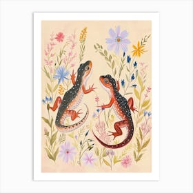 Folksy Floral Animal Drawing Salamander Art Print