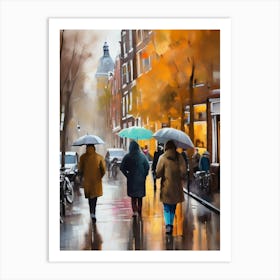 Amsterdam cafes, autumn season, rain, autumn oil colours.Faded colours,People passing on the street, winter clothes, rain umbrellas.5 1 Art Print