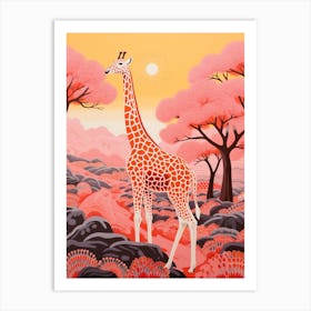 Giraffe In The Nature With Trees Pink 3 Art Print