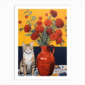 Marigold Flower Vase And A Cat, A Painting In The Style Of Matisse 2 Art Print