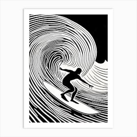 Surfing Linocut Black And White Painting , into the water, surfing Art Print