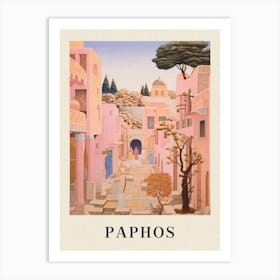 Paphos Cyprus 2 Vintage Pink Travel Illustration Poster Art Print