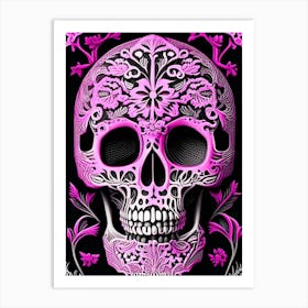 Skull With Mandala Patterns 1 Pink Linocut Art Print