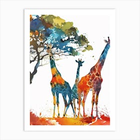 Giraffe Herd Under The Tree Watercolour 7 Art Print