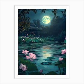 Lotus Flower In The Moonlight Art Print