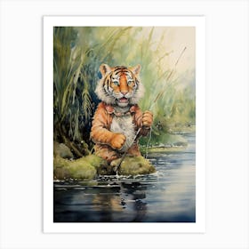 Tiger Illustration Fishing Watercolour 2 Art Print
