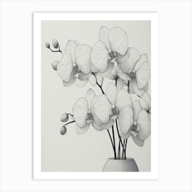 Detailed Orchids In A Vase Black & White Art Print