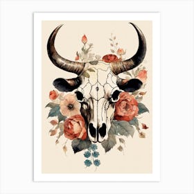 Vintage Boho Bull Skull Flowers Painting (29) Art Print