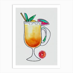Piña Colada 2 Minimal Line Drawing With Watercolour Cocktail Poster Art Print