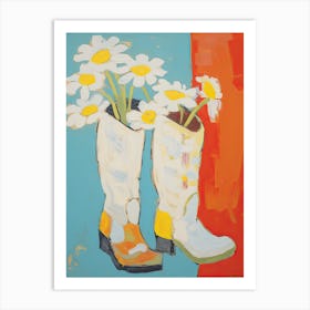 A Painting Of Cowboy Boots With Daisies Flowers, Pop Art Style 12 Art Print
