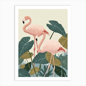 Lesser Flamingo And Alocasia Elephant Ear Minimalist Illustration 1 Art Print