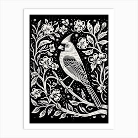 B&W Bird Linocut Northern Cardinal Art Print