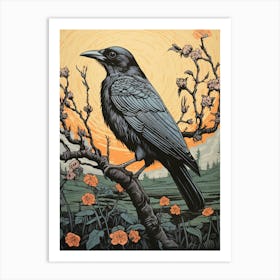 Vintage Bird Linocut Raven 4 Art Print