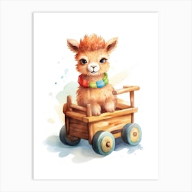 Baby Llama On A Toy Car, Watercolour Nursery 1 Art Print