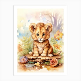 Solving Puzzles Watercolour Lion Art Painting 4 Art Print