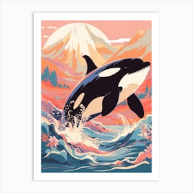 Orca Whale At Sunrise Orange Pastel Art Print