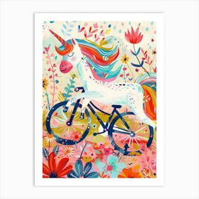 Floral Fauvism Style Unicorn Riding A Bike 3 Art Print