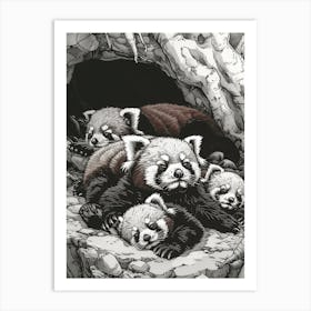 Red Panda Family Sleeping In A Cave Ink Illustration 4 Art Print