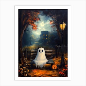 A Cute Ghost With A Pumpkin Lantern Art Print