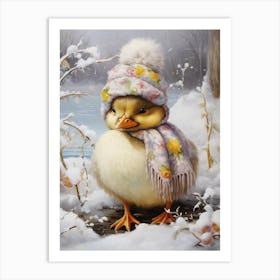 Snowy Duckling With Hat & Scarf Detailed Painting 2 Art Print