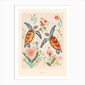 Folksy Floral Animal Drawing Turtle 1 Poster Art Print