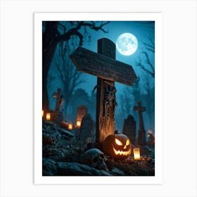 A Wooden Signboard Bathed In An Eerie Glow From A Full Moon Looming Ominously Above A Desolate Cem (6) Art Print