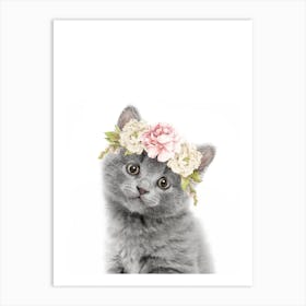 Peekaboo Floral Grey Kitten Art Print