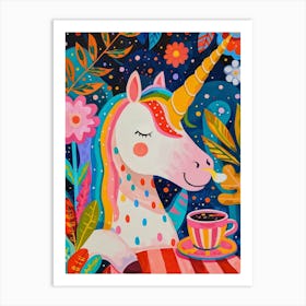 Floral Fauvism Style Unicorn Drinking Coffee 2 Art Print