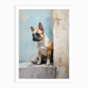 French Bulldog Dog, Painting In Light Teal And Brown 3 Art Print