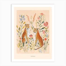 Folksy Floral Animal Drawing Leopard Poster Art Print