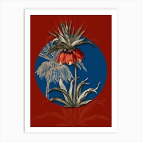 Vintage Botanical Fritillaries on Circle Blue on Red n.0170 Art Print