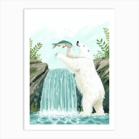 Polar Bear Catching Fish In A Waterfall Storybook Illustration 3 Art Print