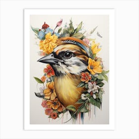 Bird With A Flower Crown Sparrow 2 Art Print