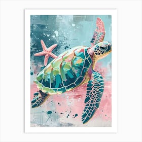 Sea Turtle With A Star Fish Pastel 2 Art Print