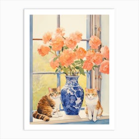 Cat With Camelia Flowers Watercolor Mothers Day Valentines 1 Art Print