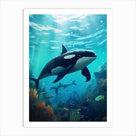 Underwater Orca Whales With Fish Aqua Blue Art Print