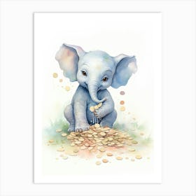 Elephant Painting Collecting Coins Watercolour 1 Art Print