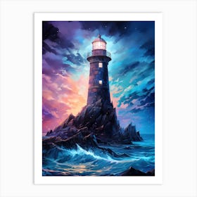 Lighthouse At Night - Purple Blue Sky Art Print