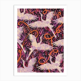 Purple Cranes Floral Pattern Art Print