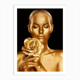 Golden Woman With Rose Art Print