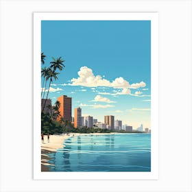 Waikiki Beach Hawaii, Usa, Flat Illustration 2 Art Print