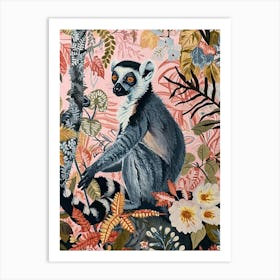 Floral Animal Painting Lemur 2 Art Print