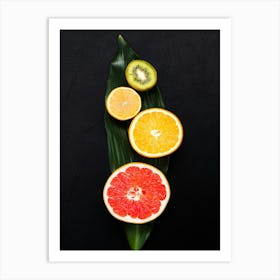 Tropical fruits: kiwi, tangerine, orange, grapefruit — Food kitchen poster/blackboard, photo art Art Print